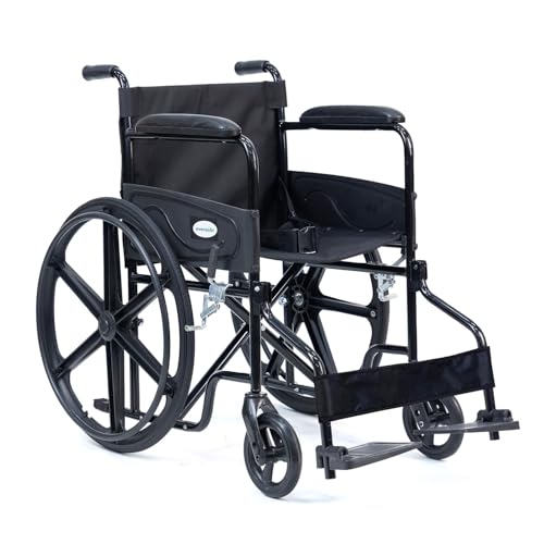 Image of Everactiv Economy Foldable Wheelchair with Heavy-Duty Frame, Strong Crossbar Support, Safety Seat Belt, Wide Padded Seat, Easy Folding Design, 120 kg Capacity | Wheelchair for Old Age Person | Black Colour