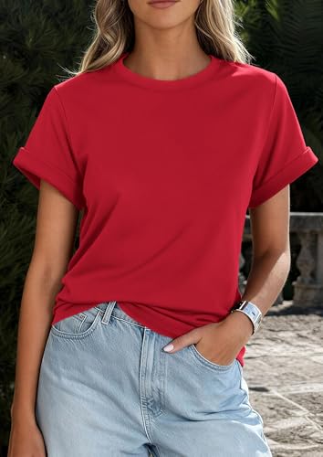 Image of PRETTYGARDEN Womens Summer Tops Short Sleeve Shirts | Lightweight Stretchy Knit,Rolled Sleeves,Crewneck Basic Tees,Loose Fit Daily T Shirt,Casual Work Travel Vacation Outfits