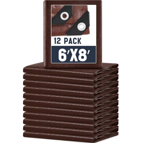 Image of 12 Pack 6 x 8 ft Brown Tarps Heavy Duty 5.5 Mil Waterproof Durable, Water Resistant, Rip & Tear Proof, Reinforced Edges, Multipurpose Firewood, Farm, Camping, Roof, Boat & Emergency Shelter