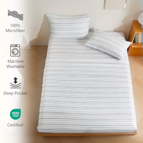 Image of MCO 4Pieces Striped Sheets Set, Breathable King Sheet Set with 16 inch Deep Pocket,Modern & Luxury, Brushed Microfiber Bedding Set(King, White)