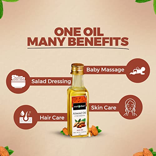 Image of nutndiet Sweet Almond Oil 100ml - Glass Bottle Pure Cold Pressed Badam Tel, Rich in Vitamin-E, Natural Edible Oil, Hair Skin & Face Care, Body Massage.
