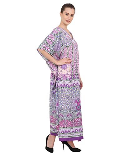 Image of Miss Lavish London Purple Ethnic Print Kaftan Dresses for Women V Neck Batwing Sleeve Beach Vacation Bikini Swimsuit Cover,Plus Size African&Dubai Caftan Maxi Beach Dress with Side Slits-Purple-3XL