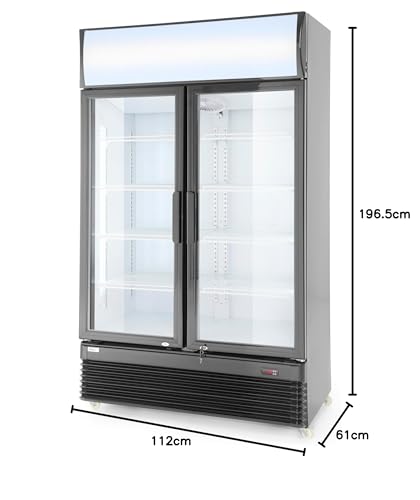 HENDI Getränkekühlschrank mit Leuchtkasten, Zweitürig, mit 8 verstellbaren Regalböden, Temperaturbereich: 0° bis 10°C, automatische Abtauung, 643L, 230V/510W, 1120x585x(H) 1900mm, Aluminium, Glas