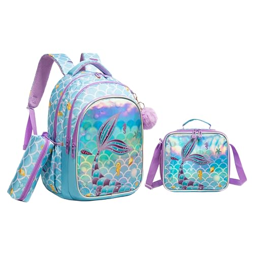 Conjunto de Mochila Escolar Infantil com Bolsa Térmica e Estojo - Ideal para Meninos e Meninas de 7 a 12 Anos (Rabo de peixe verde-azulado)