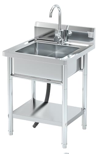 20''Stainless Steel Utility Sink with Hot/Cold Water Plumbing & Shelf for Kitchen, Bathroom, Laundry