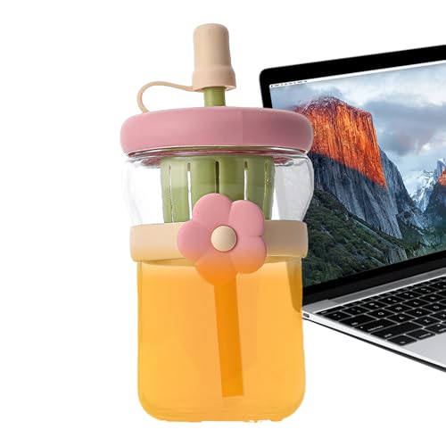 Generisch Botella de cristal transparente, 500 ml, taza de cristal transparente, recipiente reutilizable con pajita de silicona, para viajes, camping, escuela, deportes, oficina, hogar