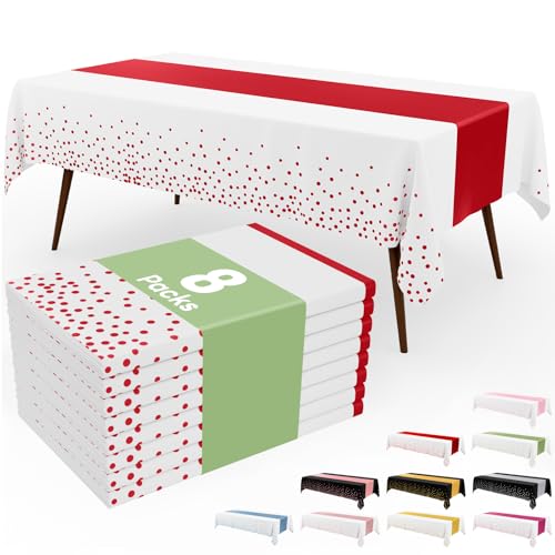 Image of Smiry Plastic Table Cloth Disposable 8 Pack, 54 x 108 Inch Rectangle Waterproof Tablecloth, Printed Gold Table Runner Style for Birthday Weeding, Party Decorations, Leakproof & Sturdy, White and Red