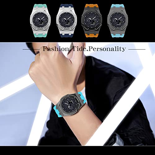 Image of GA2100 Stainless Steel Watch Case with Metal Watchband and Rubber Strap Mod Kit - Compatible with GA-2100 /GA-2110 /GA-B2100 Series - Watch Part Replacement