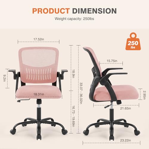 Image of Sweetcrispy Home Office Managerial Executive Chair, Flip Up Armrest Ergonomic Mesh Adjustable Swivel Mid-Back Computer Desk Chair with Comfortable Lumbar Support, Comfy Arms for Bedroom,Blak&Pink