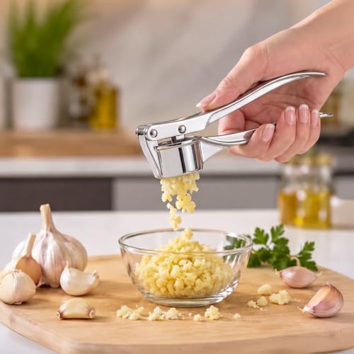 Image of Nestasia Stainless Steel Garlic Press Crusher - Rust Resistant Manual Easy-Squeeze Ginger Mincer for Kitchen | Dishwasher Safe Hand Press Garlic Grinding Tool for Fine Mincing