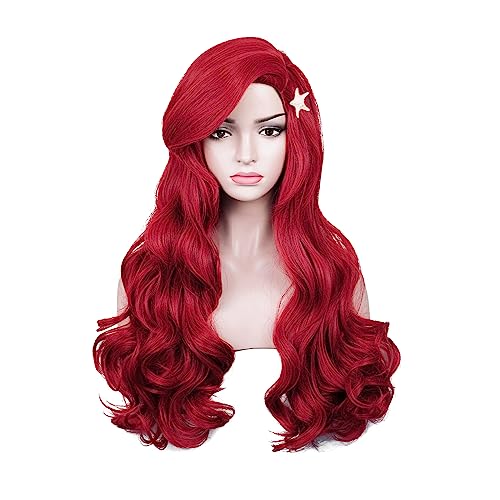 Probeauty Mermaid Wig with Starfish Hair Clips Women Long Red Mermaid Curly Wigs Body Wave Wig for Halloween Costume-25 inch