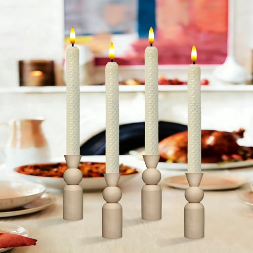Image of Beeswax Honeycomb Flameless LED Taper Candles, 9.5 Inch Flickering Wax Candles with Remote & Timer, White Battery Operated Dripless Tapered Candle for Home Wedding Decor, 4 Pack