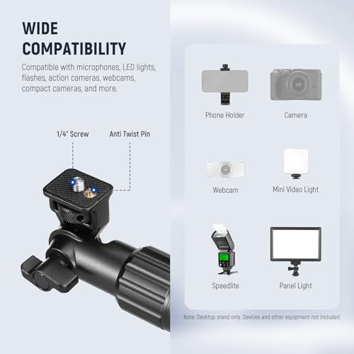 Image of NEEWER Overhead Camera Mount Arm with Phone Clip, 22 inch /56cm 180&360 2 Section Flexible Holding Arm for Desk Stand, Fits 0.87 inch-1.1 inch Tube, 5.5lb /2.5kg Max Load for Camera LED Ring Light Mic, DS009 | 22 inch /56cm Clamp on Flexible Holding Arm for Desk Stand, 180& 360 Adjustable Fits 0.87 inch-1.1 inch Tubes