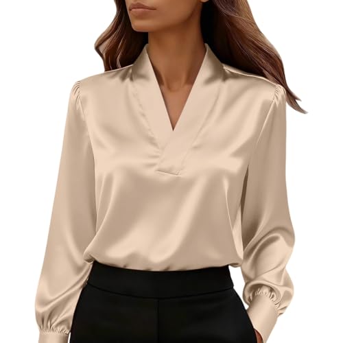 Camicia in Raso da Donna Elegante Camicia in Chiffon a Maniche Lunghe Maglietta in Raso Ampia Blusa Seta Ufficio con Scollo a V Sciolto Camicetta Business Classico Moda Top da Lavoro Button Down Slik