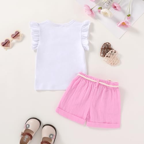 Happy Town Toddler Baby Girl Summer Clothes Ruffle Sleeve Cartoon T Shirt Linen Short Sets with Belt Cute Outfits3
