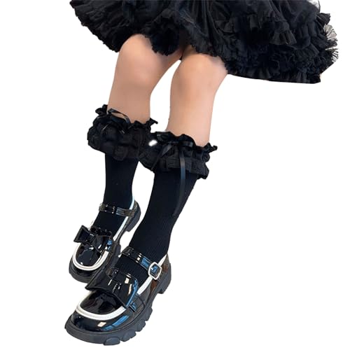 Lace Up Ribbon Bowknot Socks Cotton Midcalf Socks Girl Spring Dress Socks for Little Girls with Ruffle3
