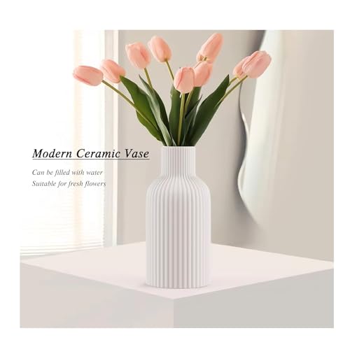 Image of SPHINX Ribbed Pipe Ceramic Vase, Flower Vase, Pampas Grass Vase, Vase for Money Plant Live Plants for Home, Office, or Gifts NO Flowers- (SN-White 8.5 Inch)
