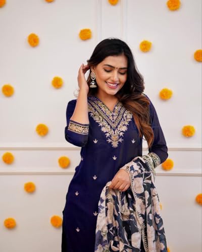 Image of Women Afghani Viscose Rayon Kurta Pant Dupatta Set with Embroidered Neck Work and Floral Print Organza Dupatta | Ethnic Straight Suit Set