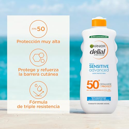 Miniatura 3 de Garnier Delial Sensitive Advanced - Leche Solar para Pieles Claras, Sensibles e Intolerantes al Sol, Alta Protección IP50+ - 400 ml