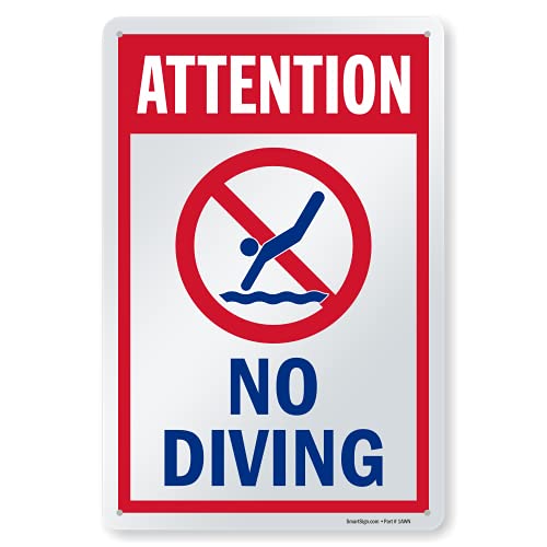 SmartSign 15 x 10 inch “Attention - No Diving” Swimming Pool Sign, Digitally Printed, 55 mil HDPE Plastic, Red, Blue and White
