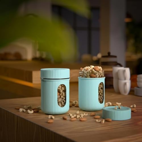 Image of Window Airtight Plastic Kitchen Storage Containers Set of 2 (500ml) | BPA-Free Food Grade Jars with Transparent Window View & Textured Grip | Dry Fruit, Spices, Pulses & Snacks (Multicolor)