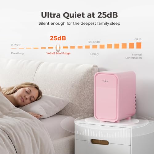 Image of YASHE Mini Fridge, 6 Liter /8 Can 110V AC /DC Portable Thermoelectric Cooler Refrigerators for Bedroom, Skincare, Beverage, Office, Dorm Room and Car, Pink