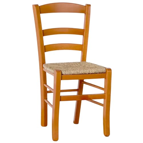 ok affarefatto zimbardi costanza Silla de madera maciza de color cerezo con asiento de paja para restaurante, casa, modelo rústico, robusta, con patas de 36 x 40 mm, ya montada