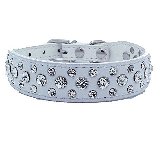 Haoyueer Bling Rhinestone PU Leather Crystal Diamond Pet Dog Cat Puppy Collar Black S M L XL(White,S)