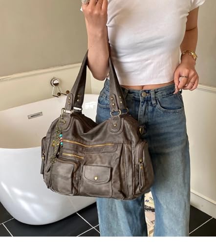 Image of Worldlyda Crossbody Bags for Women Large Tote Soft Leather Purses Washed Y2K Hobo Vintage Handbag Shoulder City Bag