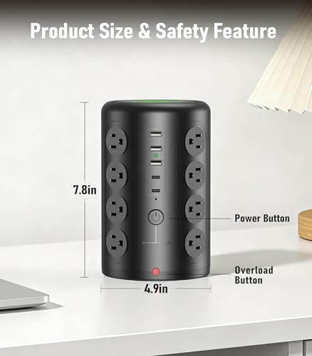 Image of Power Strip Tower Surge Protector, TenTrend 16 Outlets and 5 USB Ports (2 USB-C), 2000 Joules Charging Station, 15FT Flat Plug Extension Cord for Home Office Dorm Room Essentials, Black