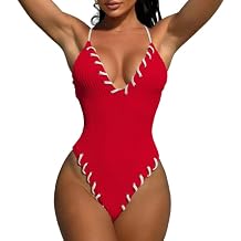Womens Criss Cross One Piece Swimsuits V Neck Binding Ribbed Swimwear High Cut Bathing Suit