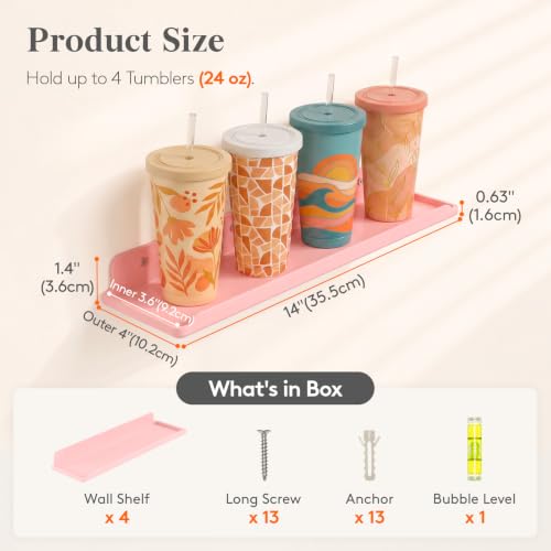 Image of Lifewit Acrylic Floating Shelves for Bathroom 14 inch Pink, 4 Pack | Wall Mounted Display Shelf for Makeup, Skincare, Nail Polish, Book, Perfume Organizer for Bedroom, Living Room, Nursery Decor