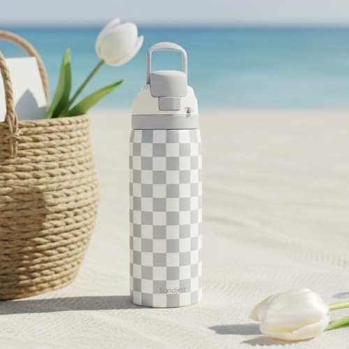 Image of Checkered Insulated Stainless Steel Water Bottle with Straw for Sports and Travel, 32oz, Gifts for Women Girls Friends Teens Birthday Christmas (Grey)