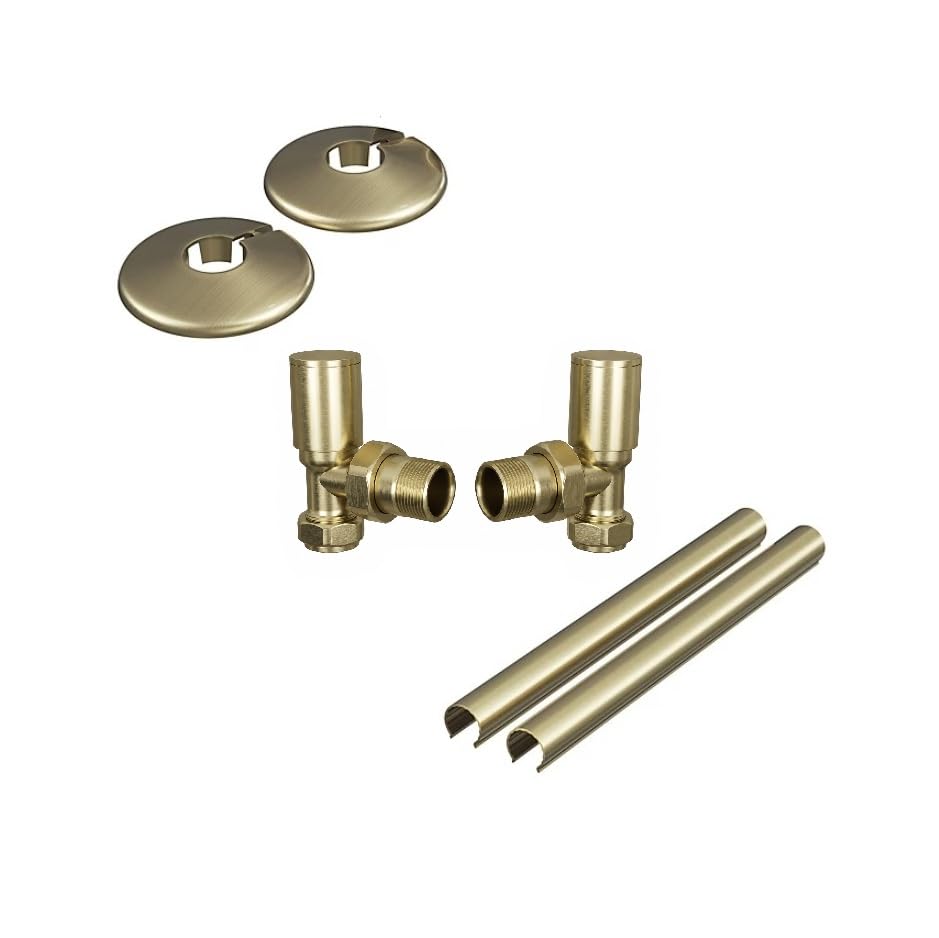 Manual Radiator Valve Kit, Brushed Brass Round Angled Valve with 15mm x 1/2" Connections & Pipe Covers Set