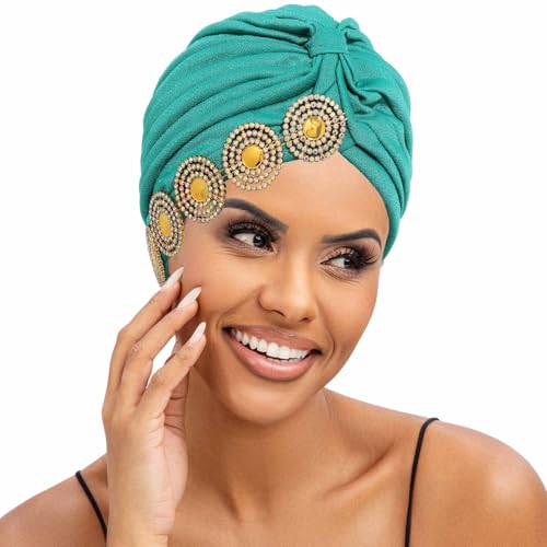 Wosois Headwrap Hair Turbans African Turban Flower Pearl Crystal Twisted Head Turban for Women Fashion (Lake Blue)