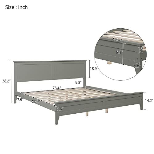 Lz Leisure Zone Solid Platform Bed/King Size Wood Platform Bed/No Box Spring Needed/Gray,King #TOP1