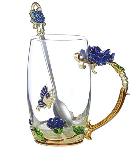 High Blue Rose Tea Cup with Spoons and Glass Mugs