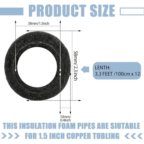 Amylove 12 Pcs 3.3 Feet Foam Pipe Insulation Foam Tube Insulating Water Pipe Pool Swim Noodles Pre Slit Heat Preservation Pipes Covers for Tubing Outdoor Winter Freeze Protection(Black,1.5 Inch)
