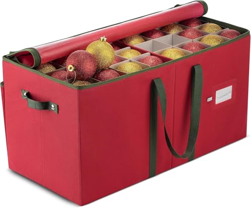 Wintem – Contenitore Porta Palline di Natale in TNT e Cartone Rigido 65x32x32 cm con 64 Scomparti Modulari e Manici Rinforzati, Chiusura Zip Resistente per Conservare 128 Decorazioni Natalizie