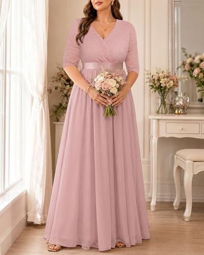 Image of Pinup Fashion Wedding Dresses for Bride Plus Size - Formal Evening Gown Wrap Neck Lace Chiffon Long Dress