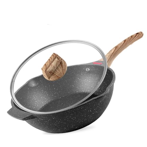 Woks & Stir-Fry Pans Black Iron Wok Pan with Glass Lid, 12.6in No Chemical Coated Nonstick Stir Frying Pan, Fast Heating Protable Flat Skillet with Holdable Pot Ears, Induction Compatible and Dish Was