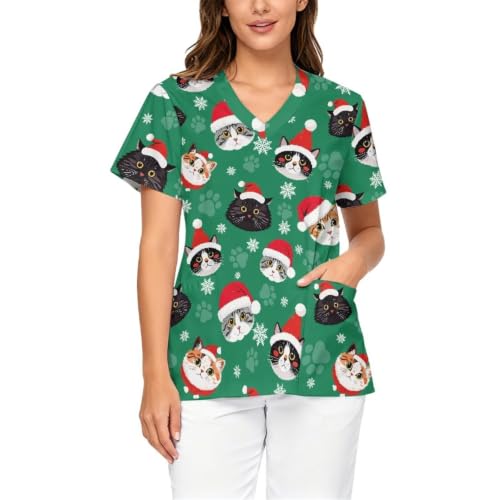 Xarleslyna Christmas Cat Print Vet Scrub Tops for Women Green