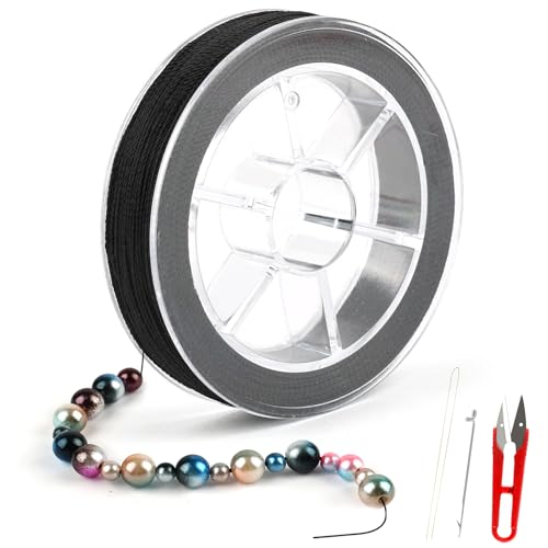 Deepton Cordón encerado para pulseras, 0,4 mm x 100 m, cuerda de perlas con tijeras, aguja de ganchillo y aguja, hilo para pulseras, fabricación de joyas, manualidades (negro)