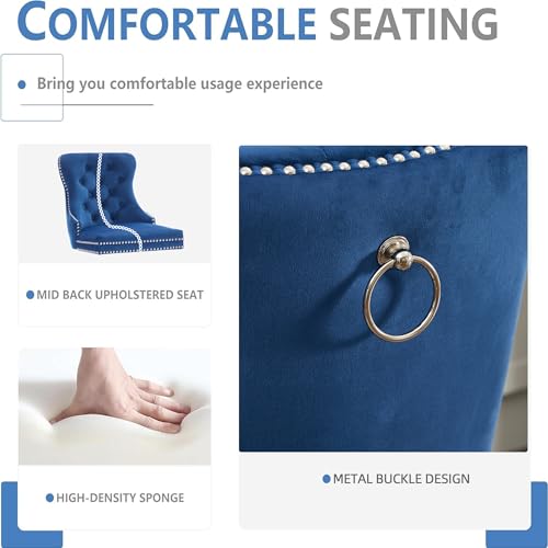 Image of YITAI Modern Swivel Set of 6 Velvet Barstools with Large Backrest and Sturdy Metal Footrest,Button Tufted Rivet Trim Dining Room Chairs with Metal Pull Ring for Kitchen Island,Home Bar,Bistro, Blue