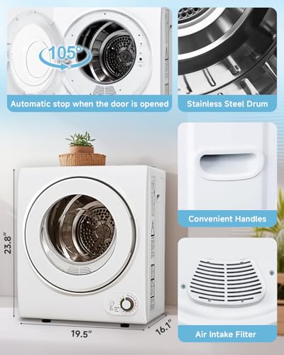 110V Portable Dryer – 850W Compact Clothes Dryer with 4 Automatic Drying Modes, Stainless Steel Tub, Simple Control Knob for Apartments, Dorms & Small Spaces