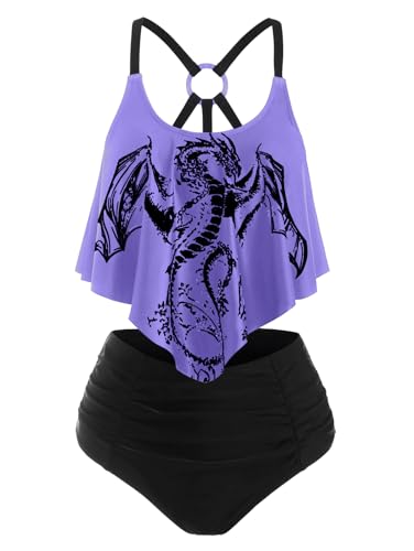 DRESSFO Women's Tankini Swimsuits Two Piece Padded Ruffled Flounce Bikini Set Ruched High Waisted Gothic Bathing Suit