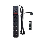 Plugger Bloc multiprise électrique noir 5 prises 16A avec terre, interrupteur, télécommande sans fil pour chaque prise, Câble de 1,4m. Puissance 2300W pour maison, bureau, home studio. Haute qualité.