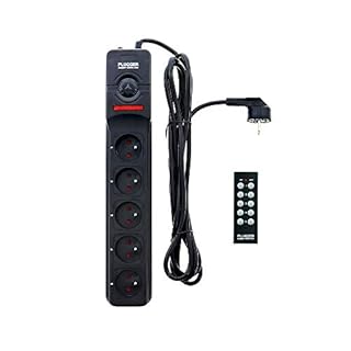 Plugger Bloc multiprise électrique noir 5 prises 16A avec terre, interrupteur, télécommande sans fil pour chaque prise, Câble de 1,4m. Puissance 2300W pour maison, bureau, home studio. Haute qualité.