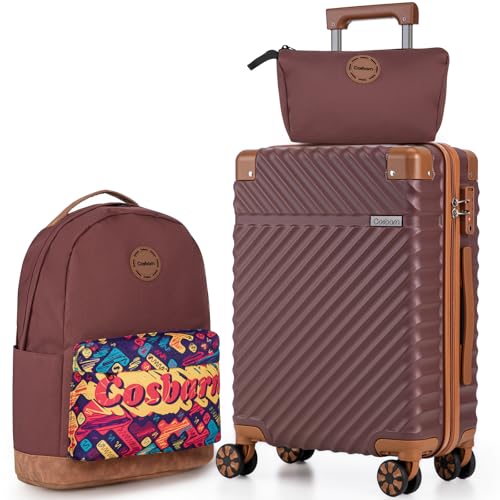 Image of Cosbarn Carry On Luggage 22x14x9 Airline Approved, Hardside 20 Inch Carry on Suitcases with Wheels, Hard Shell ABS Lightweight Carry on Luggage Set, Travel Suitcase Set with TSA Lock, Burgundy