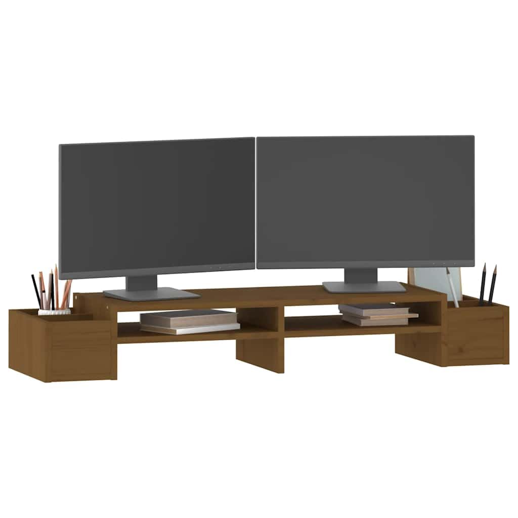 Monitorständer Honigbraun aus massivem Kiefernholz 100x27,5x15 cm mit Stauraum für Tastaturablage und Büroorganisation ideal für Homeoffice, Gaming und Studium